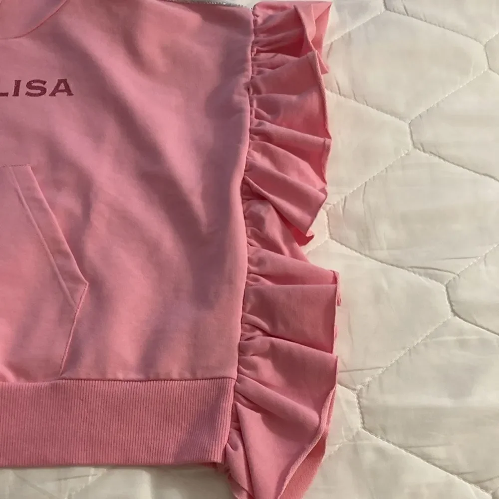 MonnaLisa 1968 Cotton Ruffled Cropped Hoodie in Pink. Size 12.